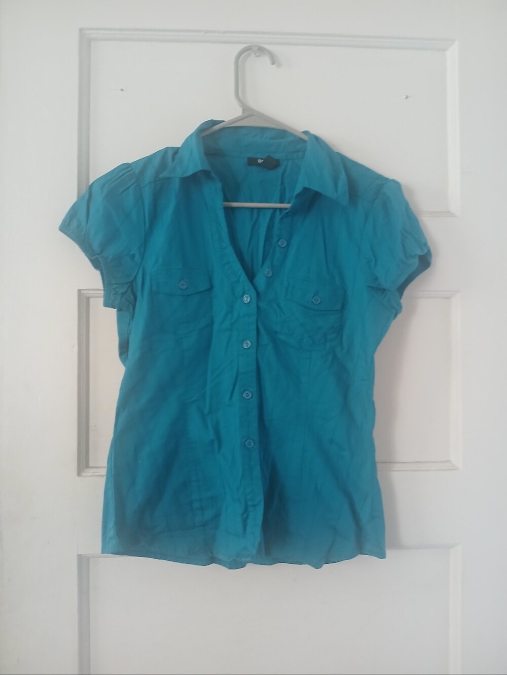 Womens Teal Short-Sleeve Button-Up Shirt
